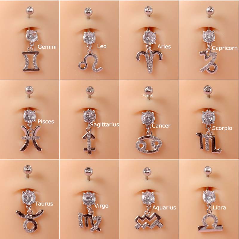 1 Piece Constellations Dangle Belly Button Ring Navel Piercing 14Gauge Curved Barbell