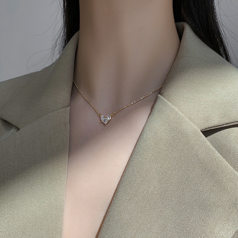 Roselife Kalung Choker Rantai Liontin Hati Hias Zircon Gaya Chic Untuk Wanita