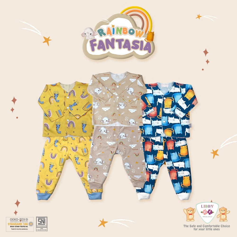 Setelan Oblong Panjang Libby Baby 3Stel Kancing Depan Piyama Baju Bayi