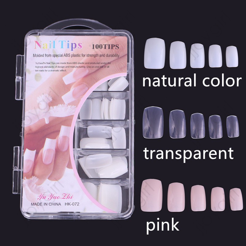 100 Pieces Fingernail Special Fake Nail Short Square Hard Box Pack Transparent / Pink / Natural Color