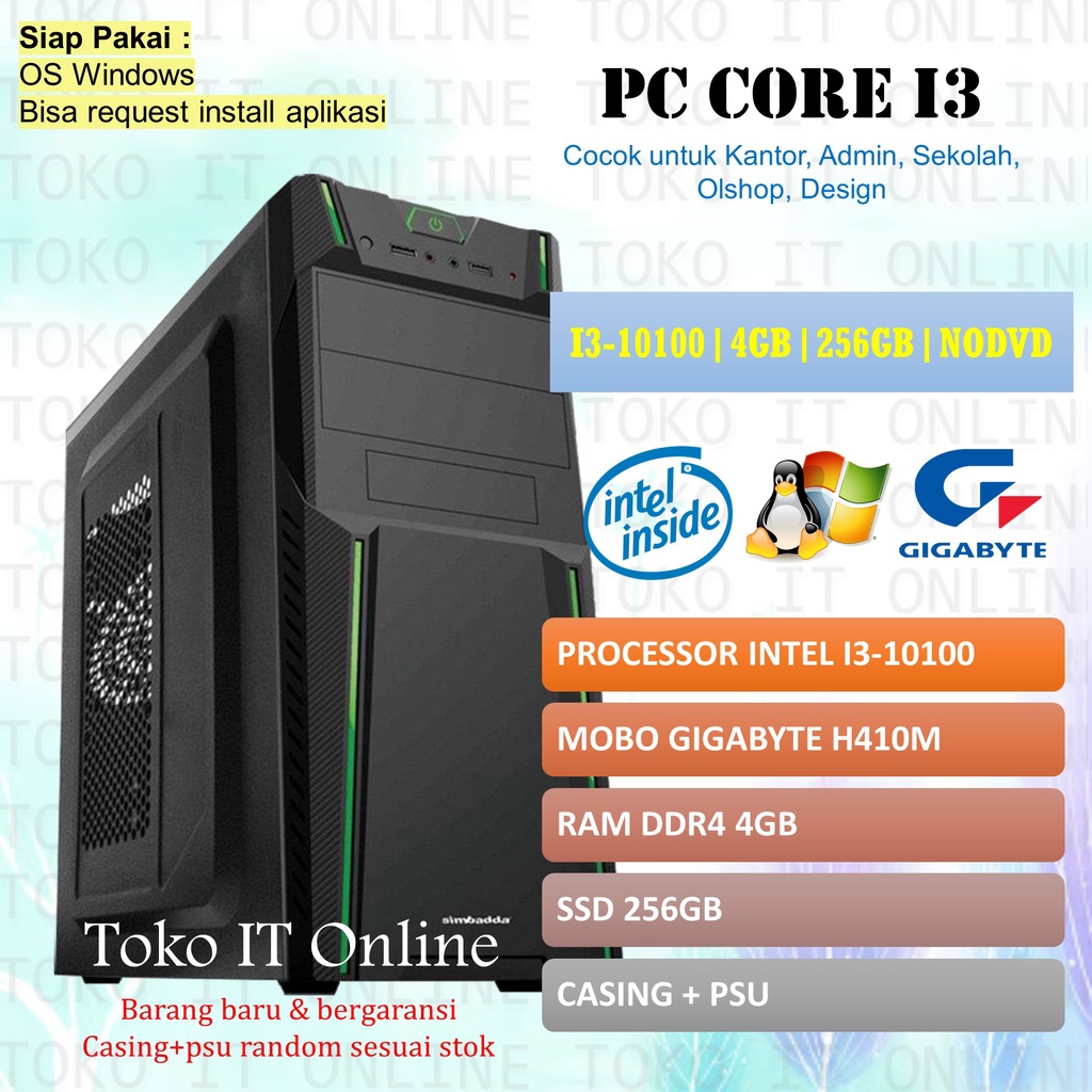 PC RAKITAN KOMPUTER CPU INTEL CORE I3-10100 RAM 4GB SSD 256GB MOBO GIGABYTE H410M