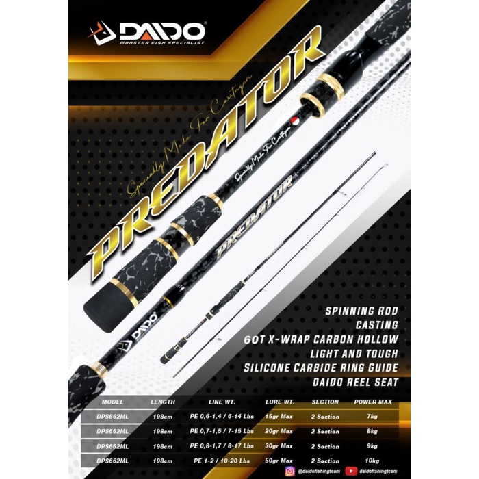 Joran Pancing Laut DAIDO Predator 662 198cm Carbon Hollow Murah - 7-15lb