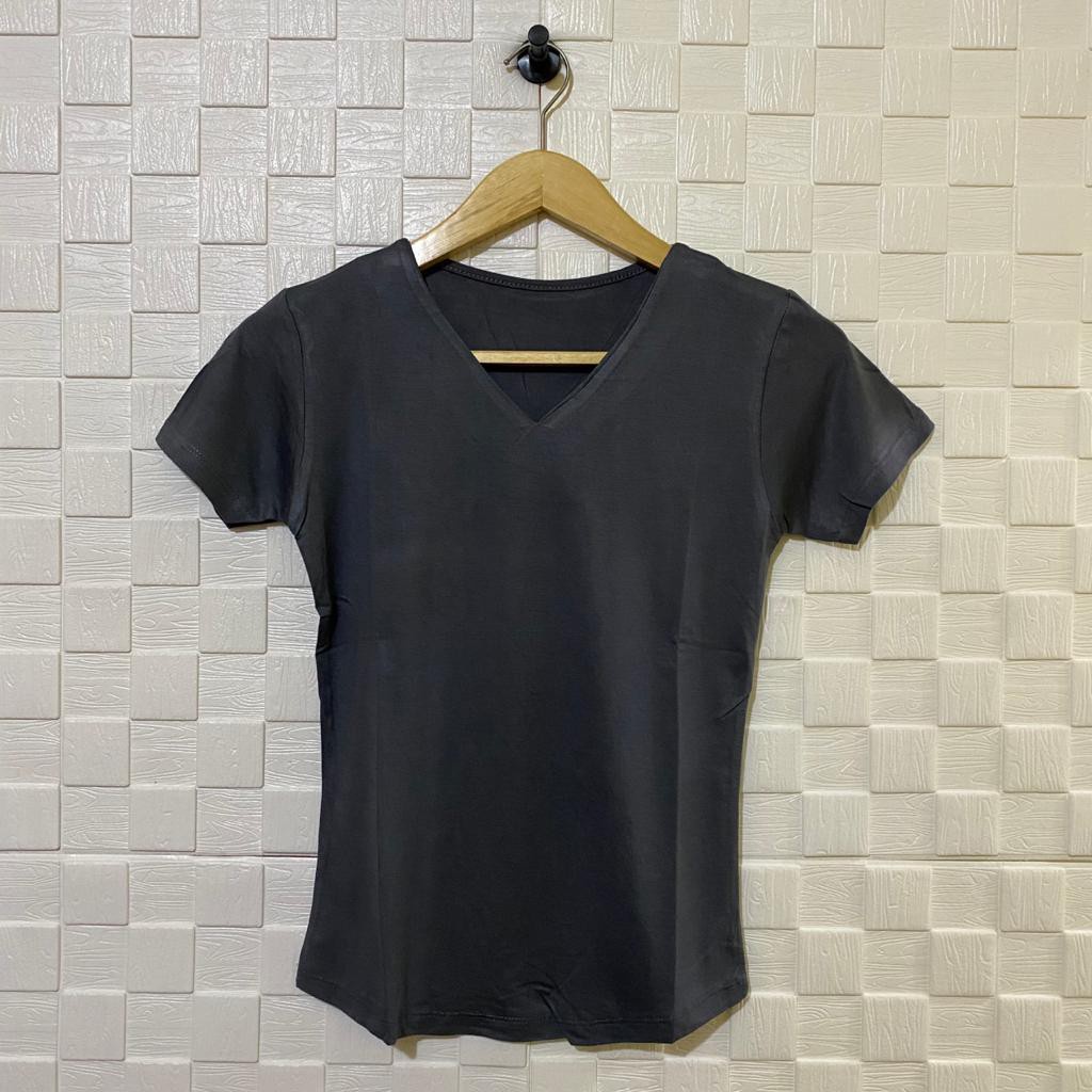 atasan polos vneck lengan pendek wanita/kaos vneck/atasan vneck/pakaian wanita/kaos polos/syafiqa-ABU TUA
