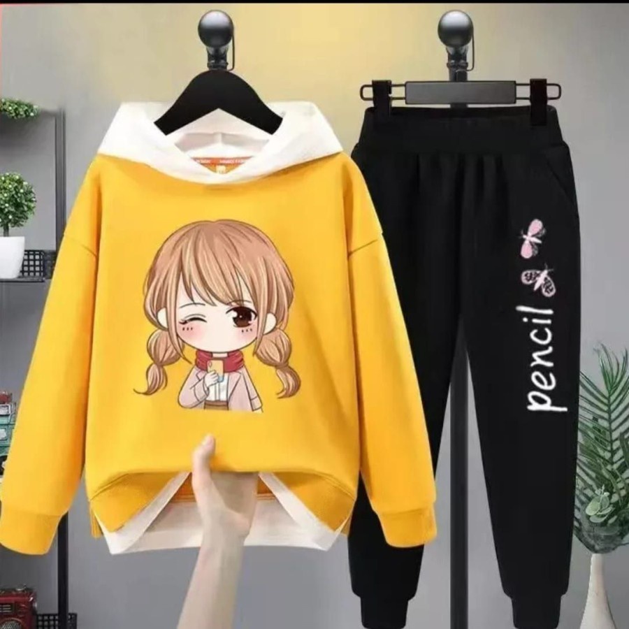 Baju Setelan Anak Perempuan Murah Remaja Umur 7 - 12 Tahun Hoodie Pencil Butterfly