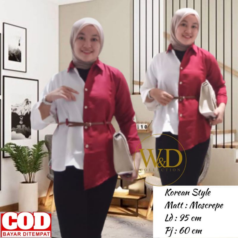 BLOUSE LOVELY TOP ATASAN KEMEJA WANITA POLOS KOMBINASI 2 WARNA CASUAL KOREA LENGAN PANJANG MOSCREPE FREE IKAT PINGGANG-Maroon