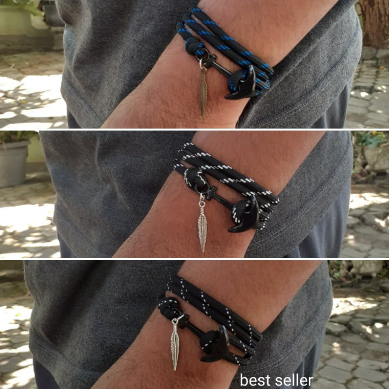 Gelang Pria Jangkar Paket Prusik Paracord Hitam Premium dengan charm bandul bulu feather daun leaf