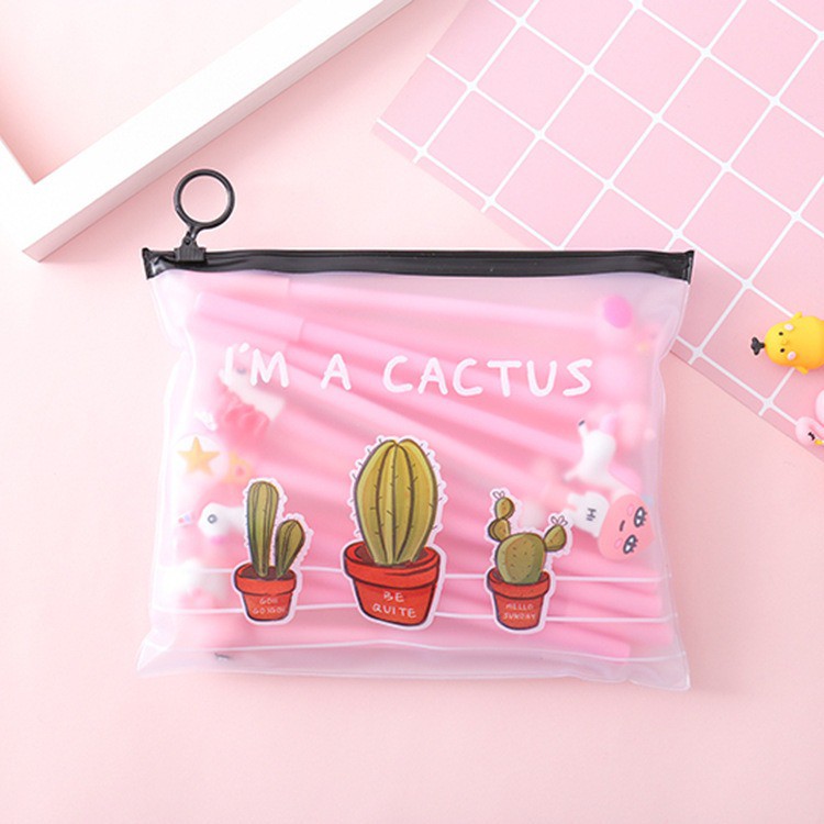OVERFLOWS.ID ZIPPER POUCH CACTUS UNICORN TEMPAT PENSIL TRANSPARANT FLAT POUCH IMPORT KAKTUS-Kaktus - Trio