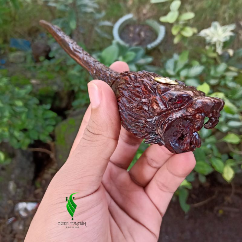 Once Pipa Kayu Galih Asem, Kayu Setigi Laut Motif Cangklong Full Ukir Naga/Singa/Semar/Tangan Panjang 19cm