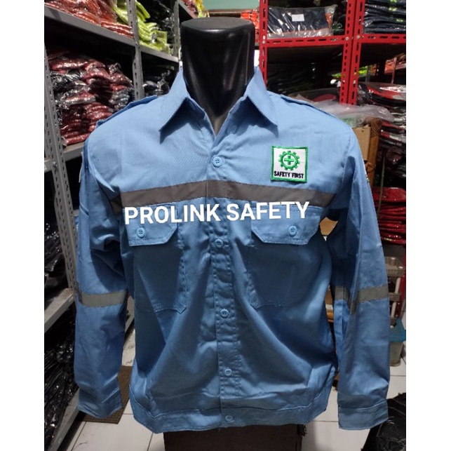 SERAGAM SAFETY BIRU MUDA KANCING DAN RESLETING