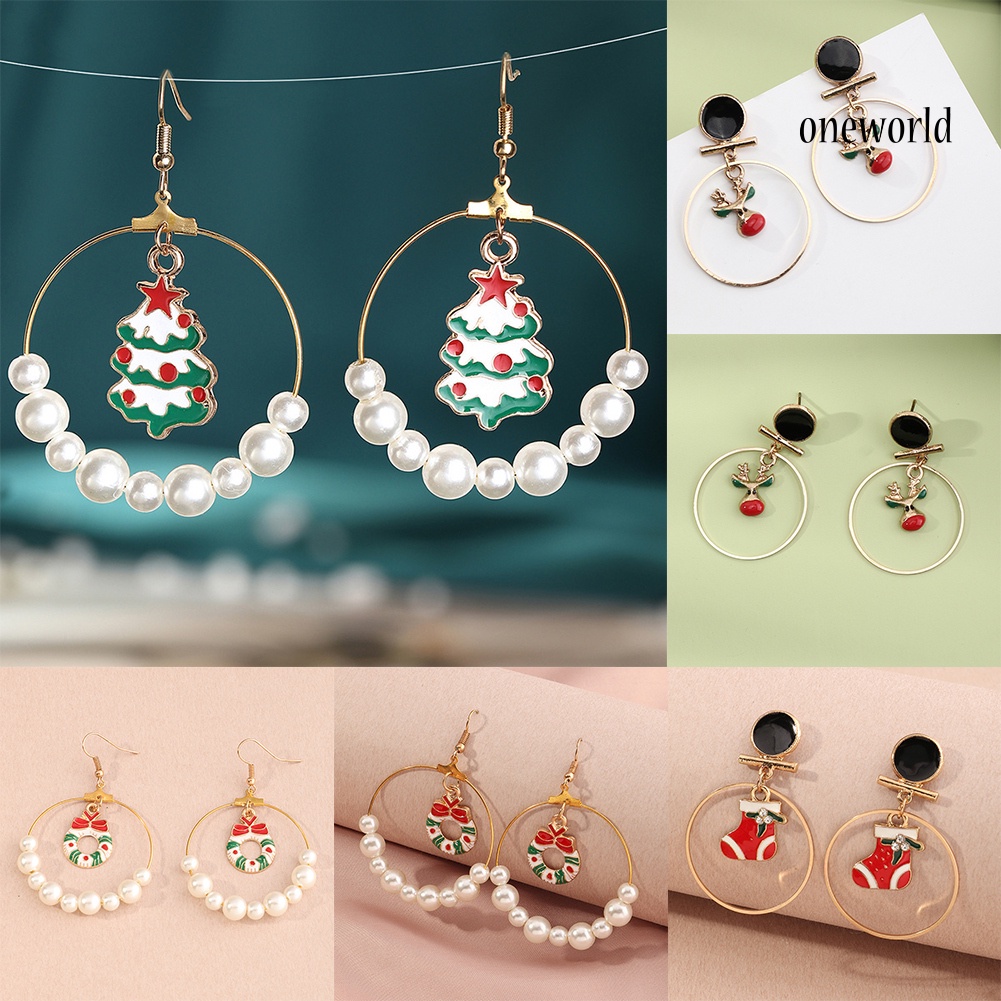 OW# Women Christmas Tree Elk Eardrop Faux Pearl Geometric Hoop Earrings Xmas Gift