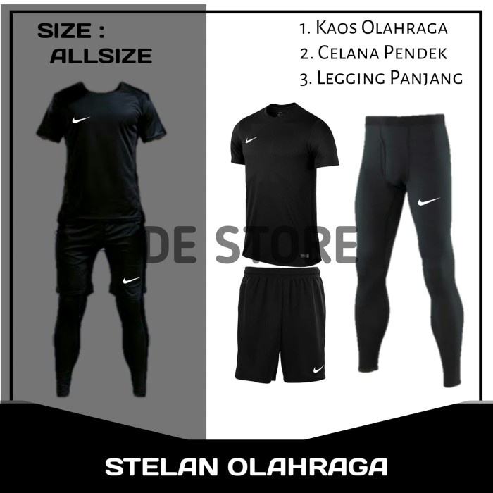 Paket Hemat Stelan Olahraga Manset Kaos/Jersey Futsal Hitam Nike Murah - L