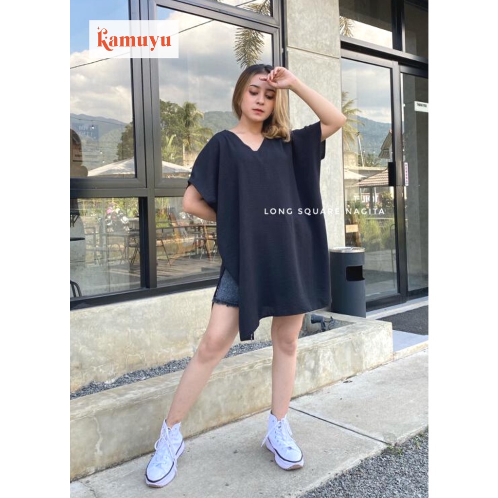 KAMUYU - NAGITA LONG SQUARE AIRFLOW CRINKLE BLOUSE ATASAN BIG SIZE WANITA OVERSIZED TOP CEWEK KASUAL Bisa COD