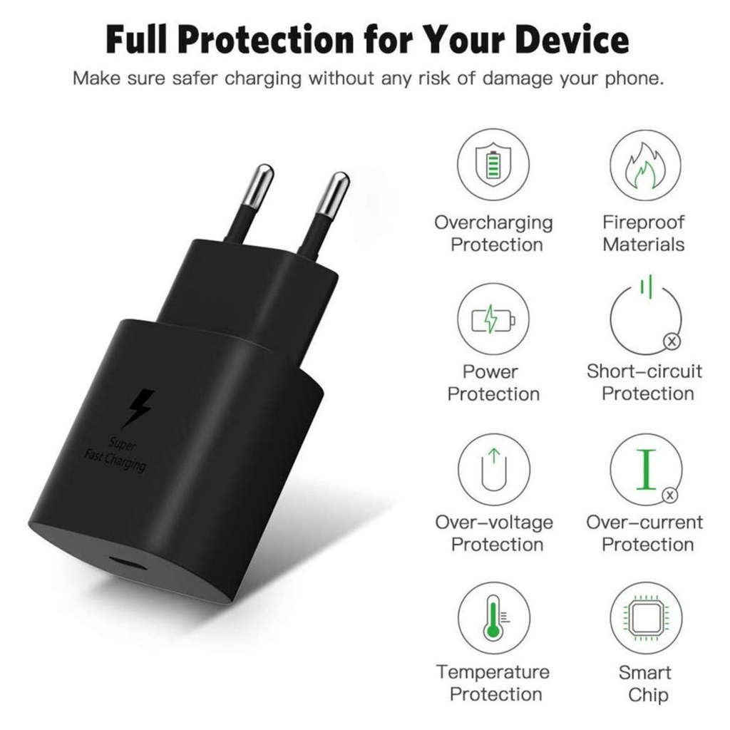 Adaptor Charger Samsung 25 Watt Super Fast Charging - PD 25W Type C to USB C for A33 A53 A73 A52s S22 S21 S20 Note 20 10