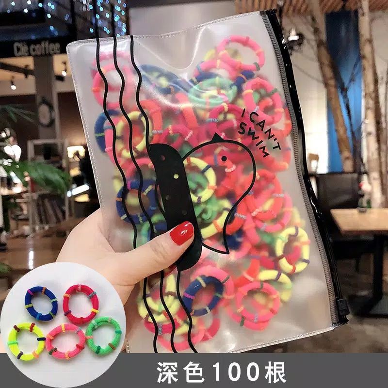 [ COD ] 100Pcs dan 50pcs Ikat Rambut + POUCH Lucu / Ikat Karet Donat Polos Warna Warni-100pcs lingkar 1