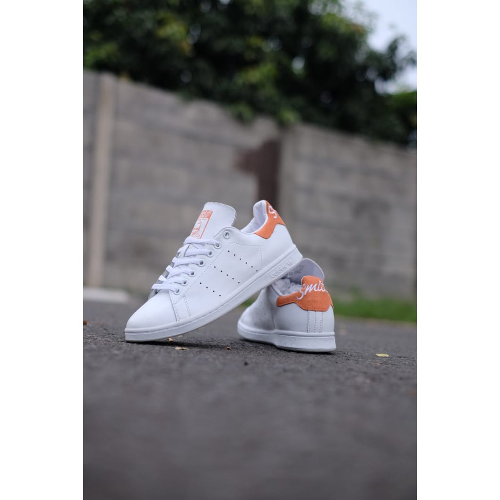 Sepatu Murah Pria Wanita Adidas Stan Smith White Orange Original