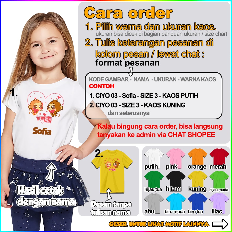 [FREE NAMA!!] Baju Kaos ANAK DAN DEWASA CICI YOYO BANYAK MOTIF