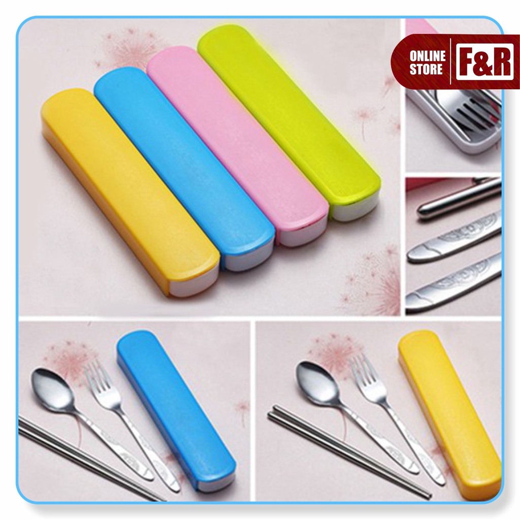 1 Set Alat Makan Sendok Garpu Sumpit Stainless Steel + Box Portable Travel Cutlery Set Food Grade