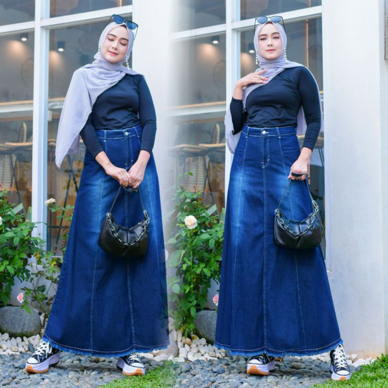 Zoya Jeans Skirt, ROK JEANS WANITA CANTIK FIT XL LP 84 BAHAN JEANS WASH IMPORT ZIPPER DEPAN TERMURAH OOTD