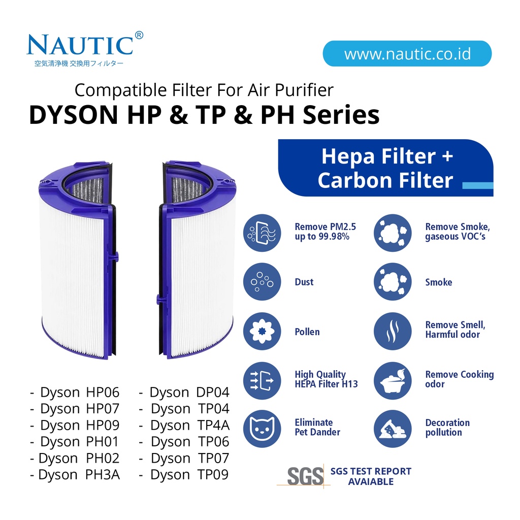 NAUTIC - For Dyson TP06 / DP06/HP06 Combi 360° Glass HEPA + Activated Carbon Filter