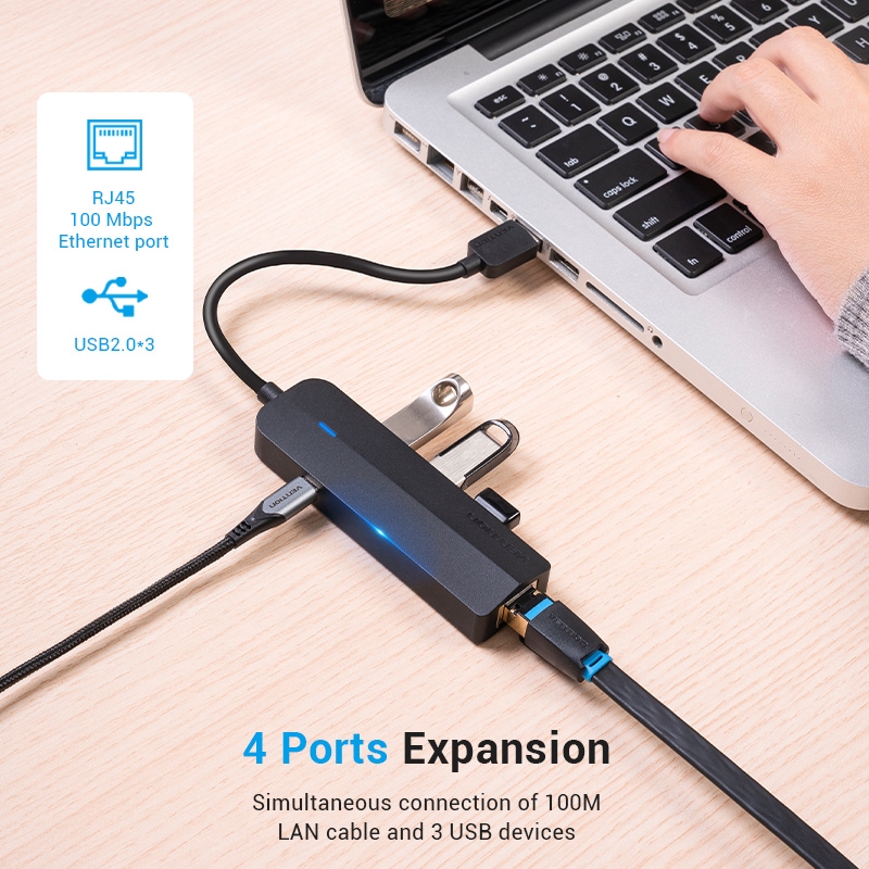 Vention Hub 4 Port Usb 3.0 2.0 Multi Splitter Dengan Micro Usb Power Port Rj45 Usb 2.0 Kecepatan Tinggi Untuk Laptop / Pc