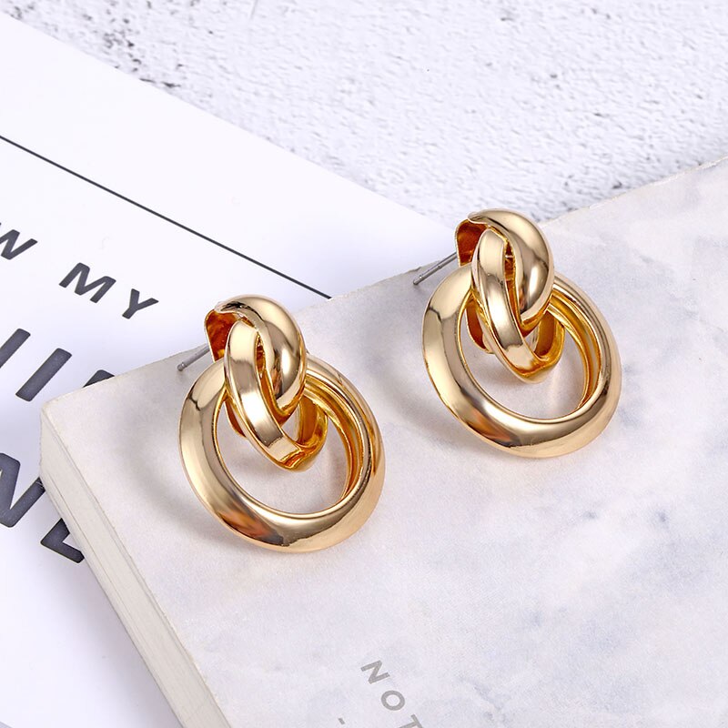 Anting Bentuk Bulat Geometris Bahan Logam Gaya Vintage Korea Untuk Wanita