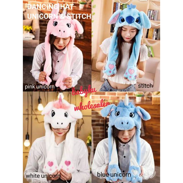 Topi kupluk unicorn stitch telinga bisa gerak / dancing hat unicorn stitch