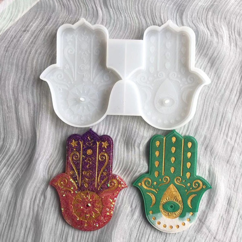 Glitter Palm Amulet Crystal Epoxy Resin Mold DIY Crafts Tray Hamsa Hand Silicone Mould