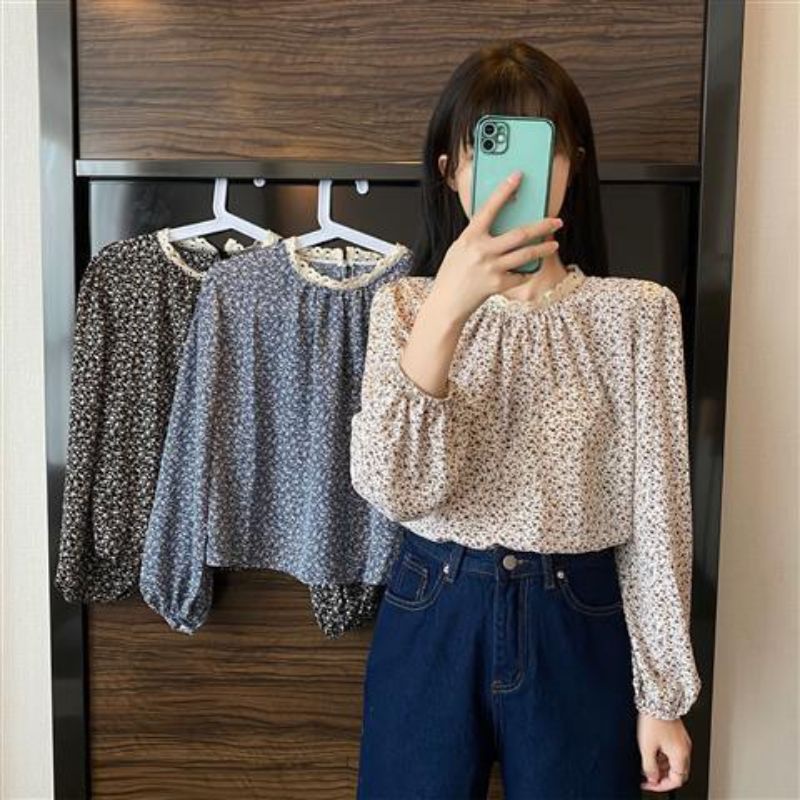 Blouse Mina Inner Wanita Lengan Panjang Bunga Leher Bulat Korean Style