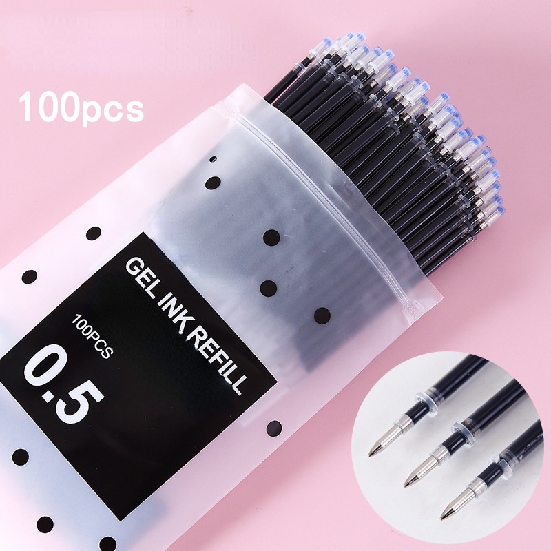 100pcs / Kantong Refill / Isi Ulang Pulpen Gel 0.5mm Warna Hitam / Merah / Biru Untuk Sekolah