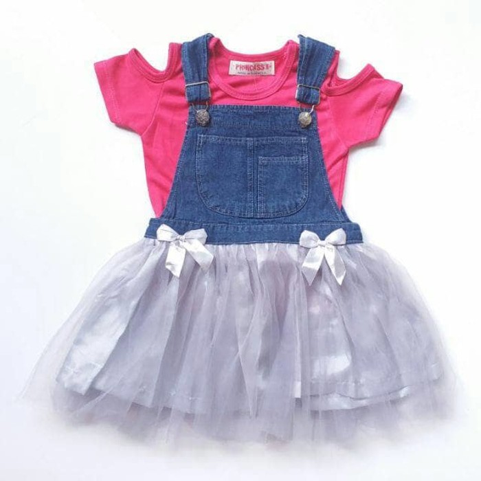 Diskon Baju Setelan Anak Perempuan Kaos Bahu Bolong Rok Overall Jeans Tutu