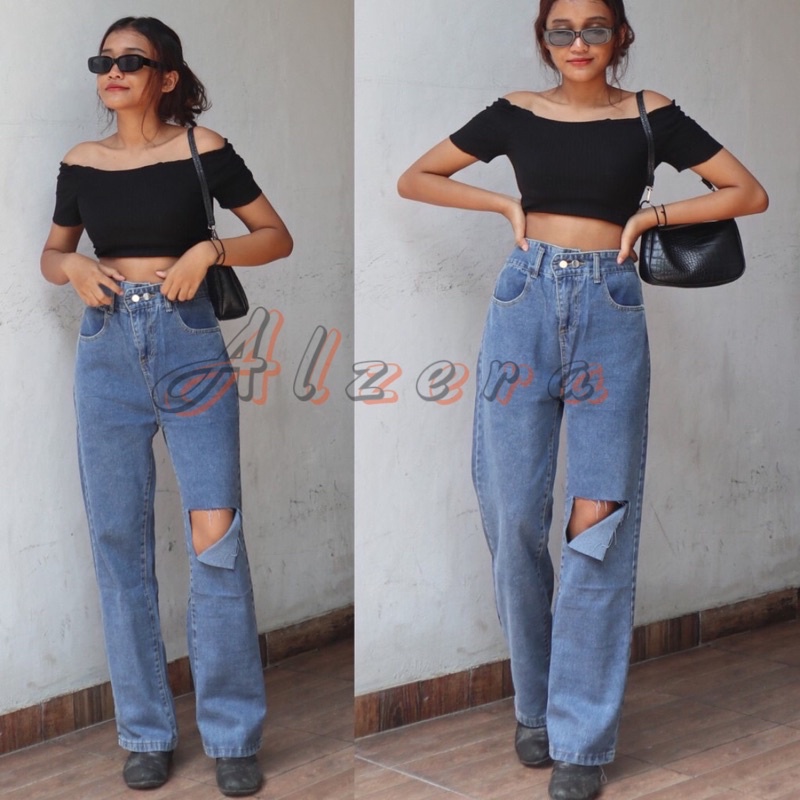 HIGHWAIST JEANS PREMIUM SOBEK LUTUT SNOW WASH ACID TERBARU 2022 BY ALZERA