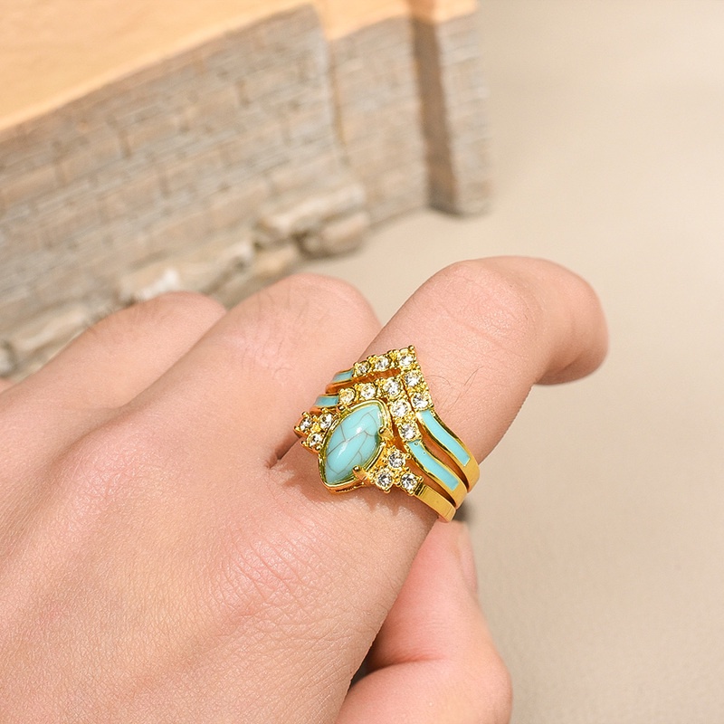 3pcs / Set Cincin Wanita Hias Turquoise Berlian Imitasi Gaya Retro Untuk Pesta Pernikahan / Hadiah