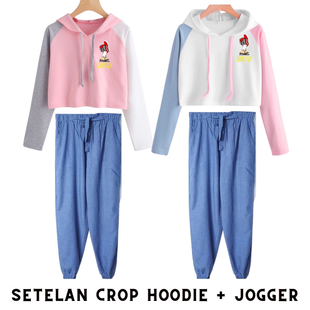 JBF Baju 1 Set Setelan Wanita Remeja Sweater Crop Hoodie Santuy Kombinasi Dan Celana Denim