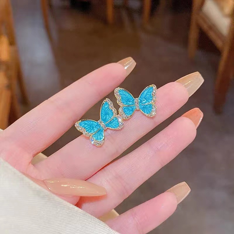 Anting Tusuk Silver Desain Kupukupu Biru Hias Zircon Gaya Korea Untuk Wanita Butterfly