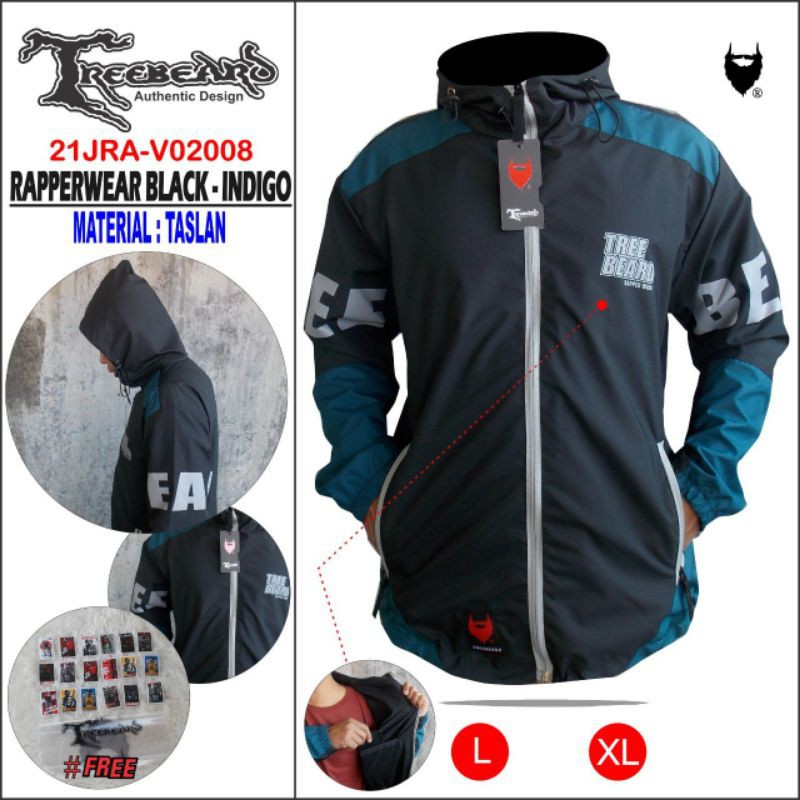 RAPPERWEAR Jaket Gunung TREEBEARD Anti Air / Jaket Pria & Wanita / Jaket Hoodie Outdoor Waterproof-RA BLACK-INDIGO