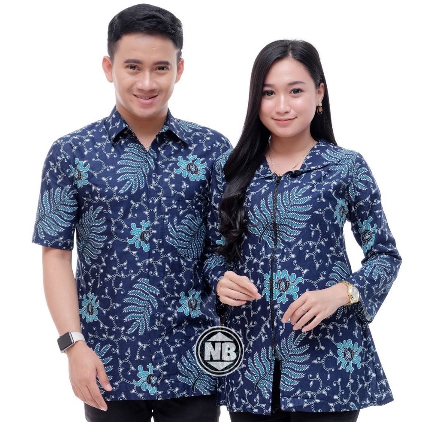 Baju Batik Couple Pria Wanita Bahan Katun Lengan Pendek Motif Godong sukun biru elektrik M L XL XXL