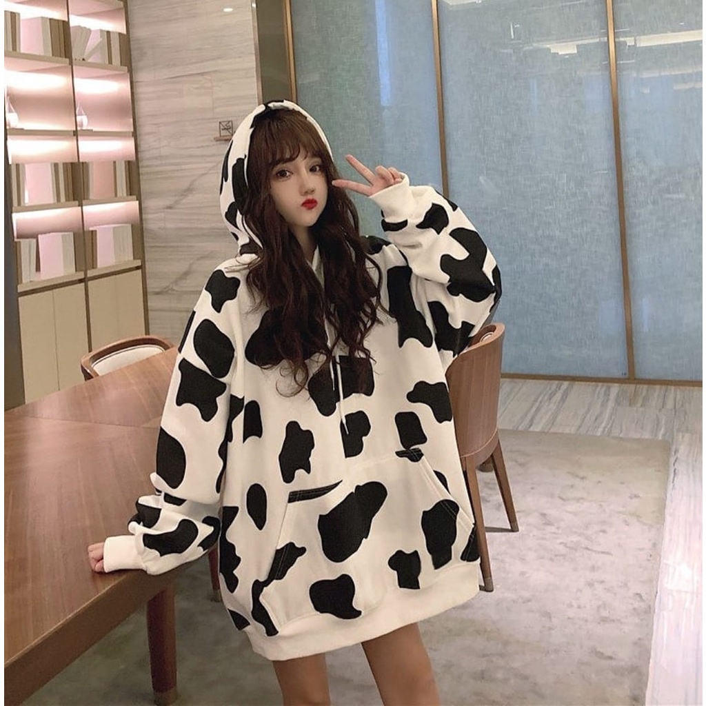 COW PULL PRINT HOODIE SWEATER WANITA OVERSIZE - SWEATER HOODIE WANITA KOREA - SWEATSHIRT OVERSIZE