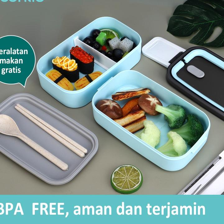 New Arival✨ ecentio Lunch Box kotak Makan Biru 1600ml portabel Double-Layers Tahan bocor tempat maka