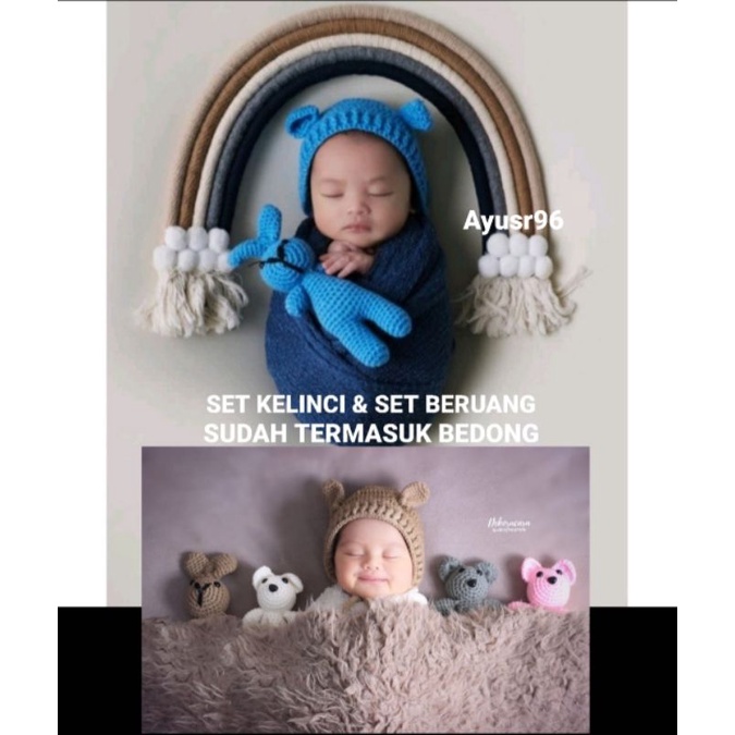Set Topi Rajut Bayi Desain kelinci bunny untuk Properti Fotografi/Amigurumi/mahkota