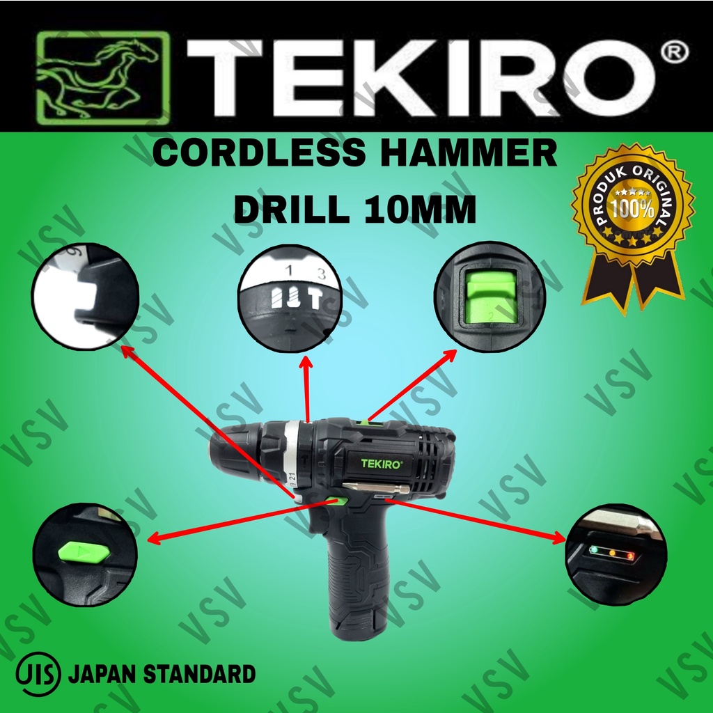 TEKIRO Cordless Hammer Drill 10mm Mesin Bor Baterai 12Volt impact Drill