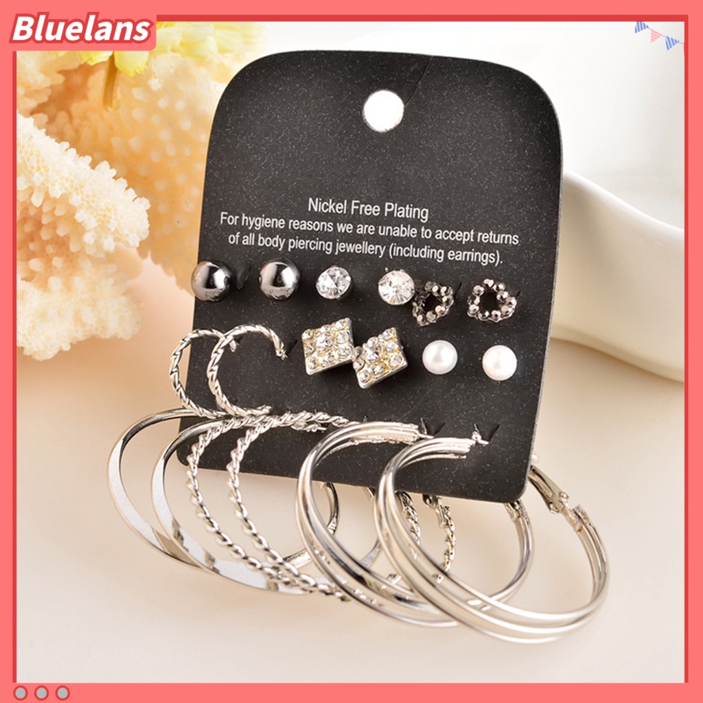 Bluelans 9 Pairs Earring Rhinestone Inlaid Jewelry Gift Alloy Stud Hoop Earrings Set