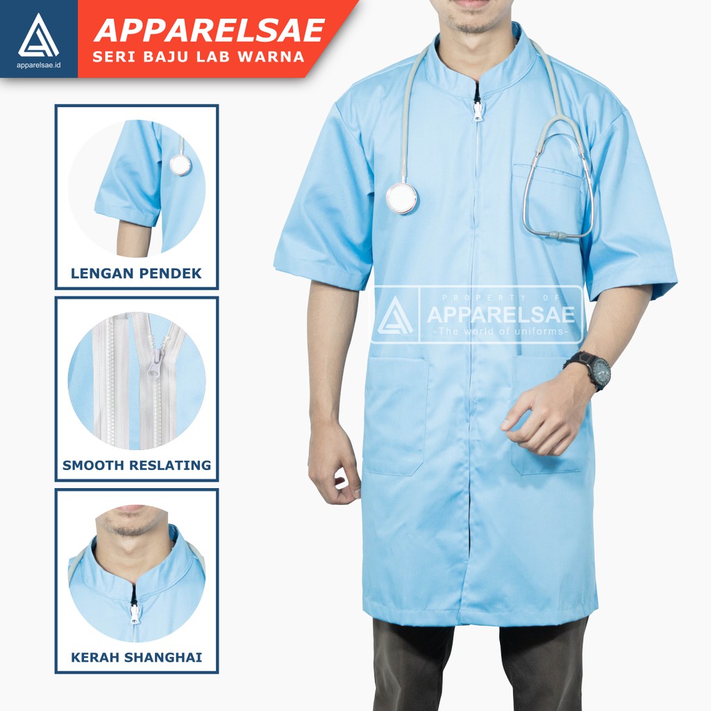 JAS LAB /JAS LABORATORIUM KATUN LEMBUT & TEBAL BAJU DOKTER LENGAN PENDEK WARNA BIRU SKY
