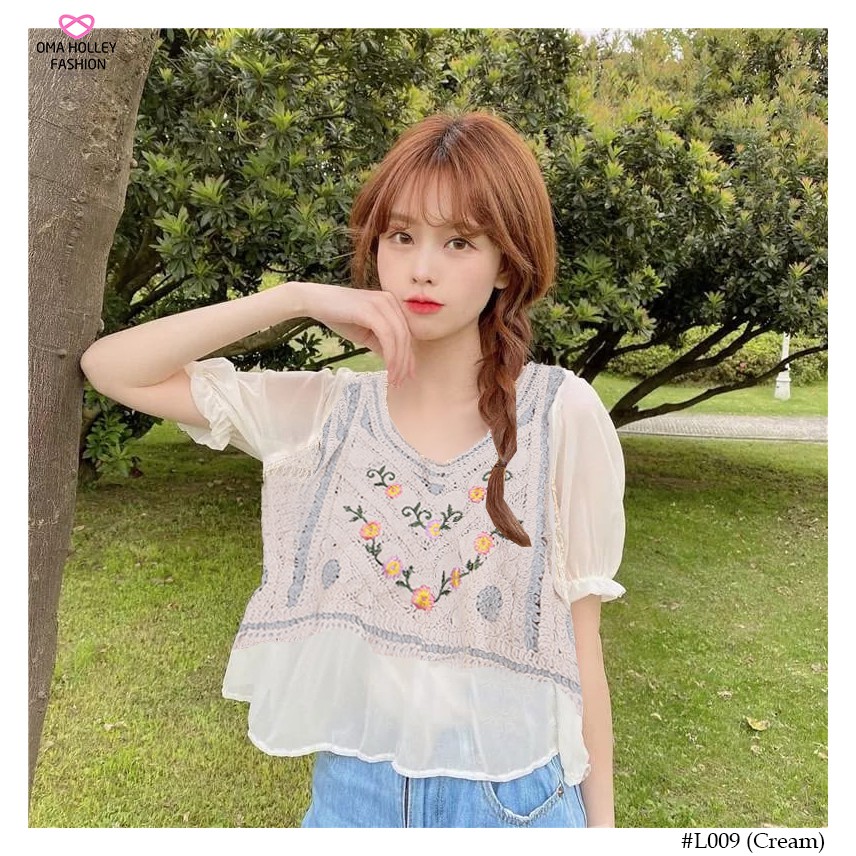 (COD) OH Fashion Korean Blouse Rajut Bordir Lengan Pendek