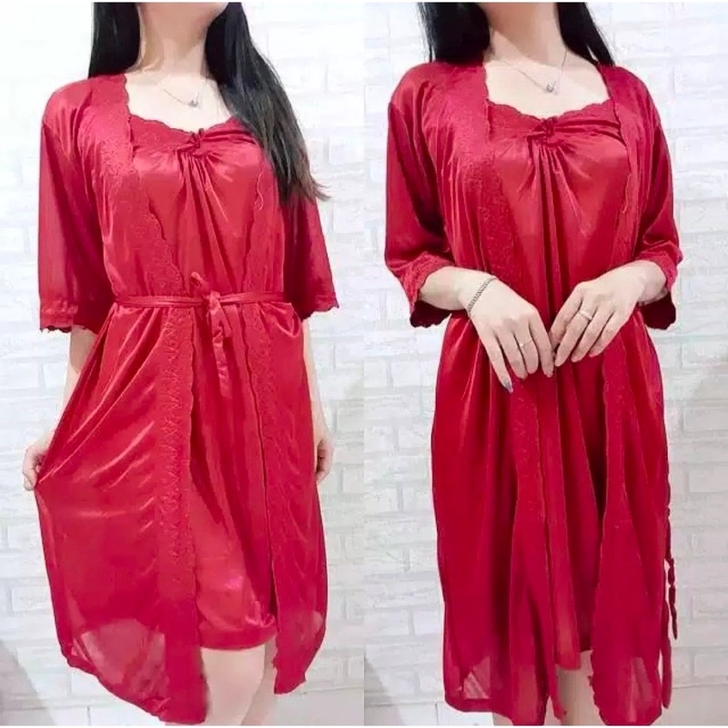 Tq88indonesia Fashion Baju Tidur Wanita Terbaru / Kimono Lingerie 2in1 Trikot Luar Dalam Pisah / Set Busana Tidur Cewek / Ootd / Outfit Kekinian