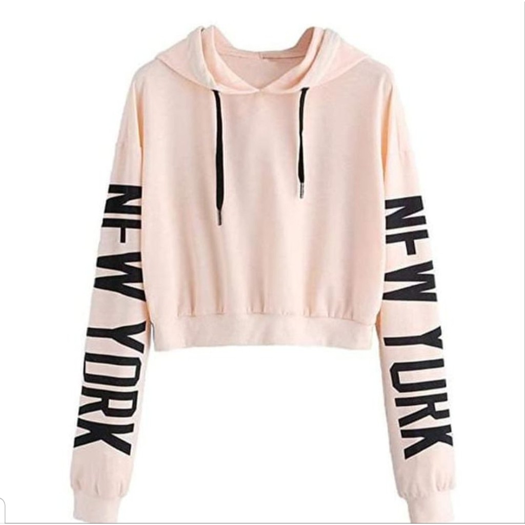 SWEATER ATASAN WANITA CROP HOODIE LENGAN PANJANG PRINT NEW YORK BABYTERRY