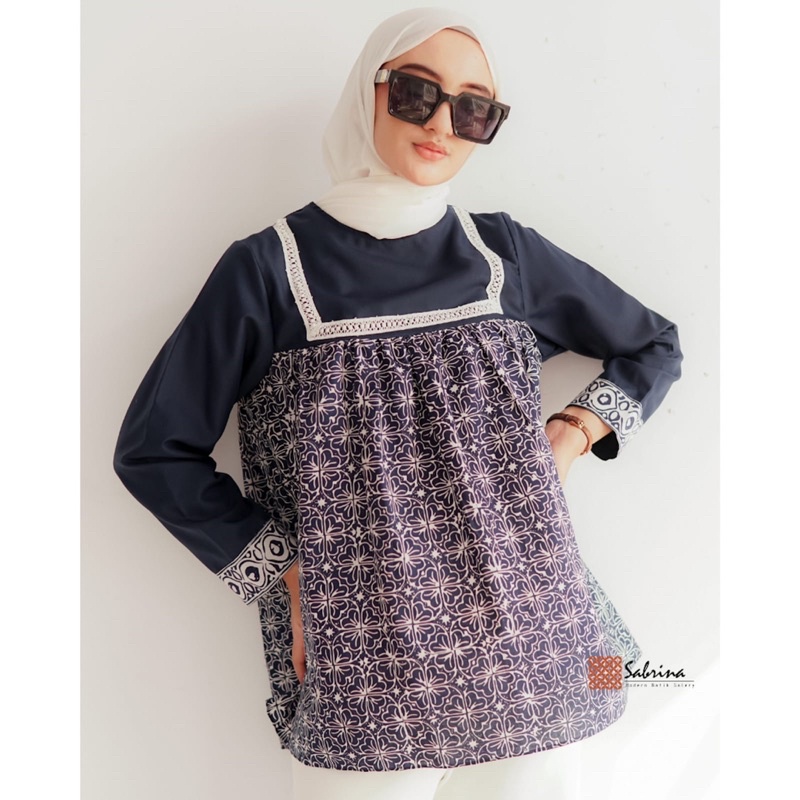 Adena Navy Blouse Atasan Batik Wanita Kerja Kantor Modern Kekinian Katun Cap