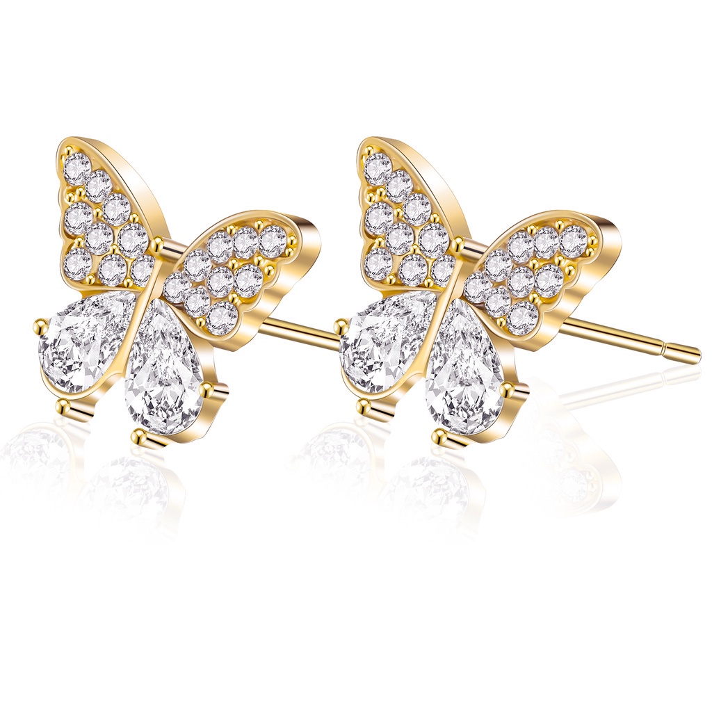 Fancyqube Anting Stud Zircon Berlian Imitasi Bentuk Kupu-Kupu Gaya Punk Korea Untuk Wanita