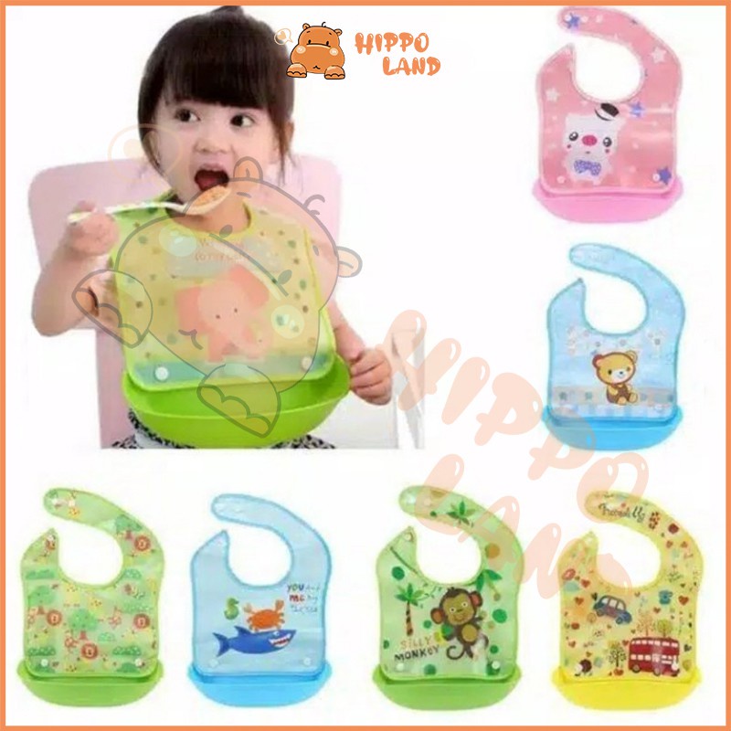 HIPPO LAND BIB / SLABBER SILIKON PLASTIK / CELEMEK MAKAN BAYI ANTI AIR / SLABBER SILIKON BAYI 2