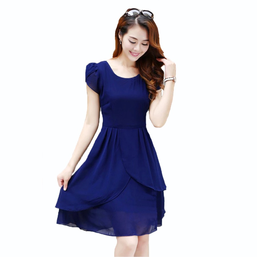 Midi Dress Sifon Tangan Pendek Gaya Korea Model Terbaru - XSHOP Indira