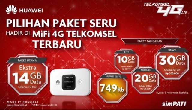 Mifi 4G Huawei E5577 Unlocked Free Tsel 14Gb 2Bln Support XL Go, Indosat, Three, Axis, Bolt